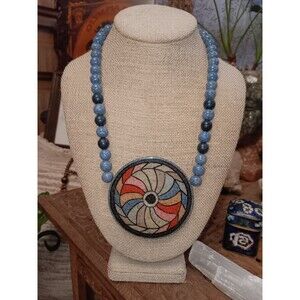 Vintage 80s Karla Jordan 18" Necklace Blue Bead Large 3" Abstract Pendant